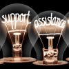 Photo of light bulbs group with shining fibers in a shape of HELP, SUPPORT, ASSISTANCE, GUIDANCE concept words isolated on black background
